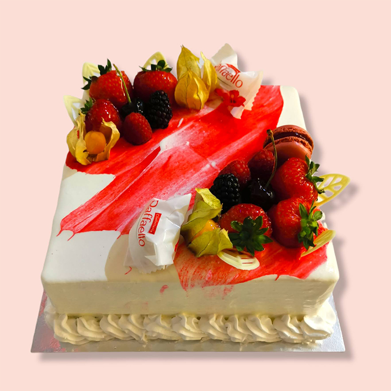 Square White Marble Glaze Fruit Birthday Cake with Macaroons | Medcakes